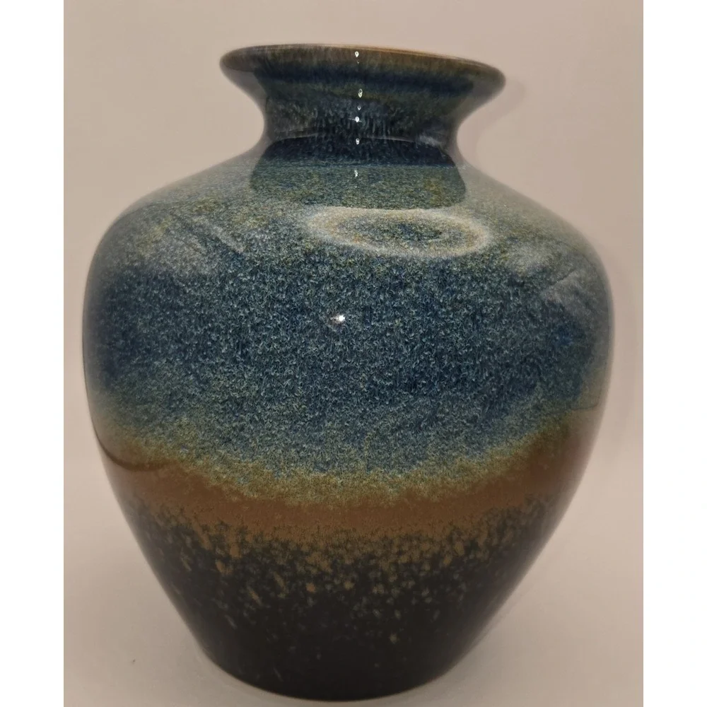 Blue Stoneware Vase Blended With Rust And Black Hues Glazed. 7.5